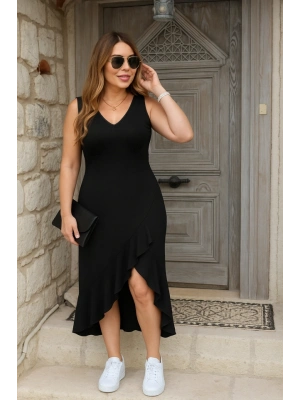 Kadın Askılı V Yakalı önden Fırfırlı Uzun Dalgıç Elbise