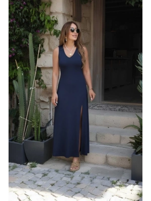 Kadın Askılı V Yakalı Yırtmaçlı Uzun Viskon Elbise