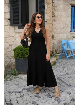 Kadın Askılı V Yakalı Yırtmaçlı Viskon Elbise