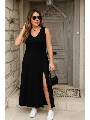 Kadın Askılı V Yakalı Yırtmaçlı Viskon Elbise