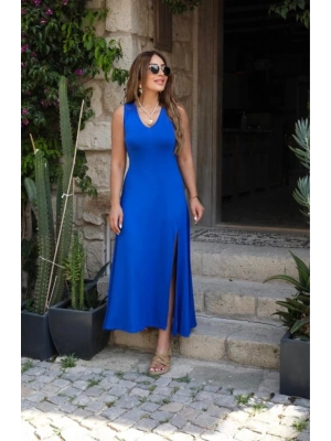 Kadın Askılı V Yakalı Yırtmaçlı Viskon Elbise