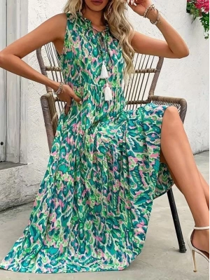 Kadın Askılı Yakası Fırfırlı Bağcıklı Desenli Uzun Süprem Elbise