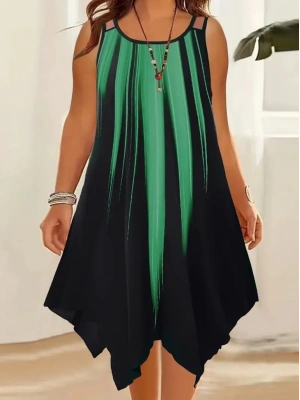 Kadın Askılı Yuvarlak Yaka Asimetrik Detaylı Desenli Süprem Elbise