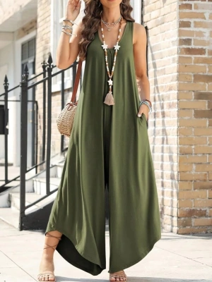 Kadın Askılı Yuvarlak Yaka Cepli Salaş Uzun Viskon Tulum