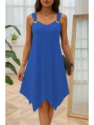 Kadın Askılı Yuvarlak Yaka Kuş Gözü Detaylı Asimetrik Viskon Elbise