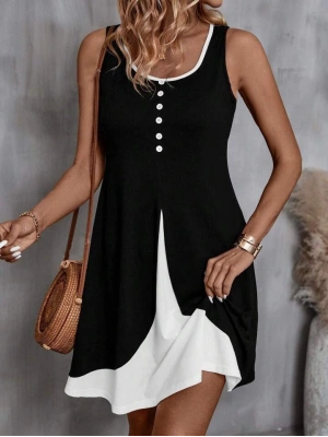 Kadın Askılı Yuvarlak Yaka önden Düğmeli çift Renkli Viskon Elbise