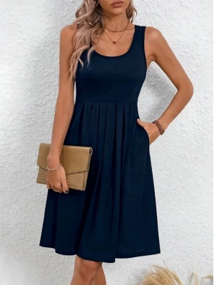 Kadın Askılı Yuvarlak Yaka önden Pileli Viskon Elbise