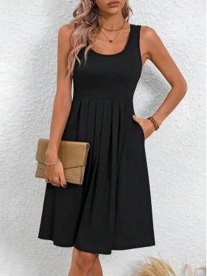 Kadın Askılı Yuvarlak Yaka önden Pileli Viskon Elbise