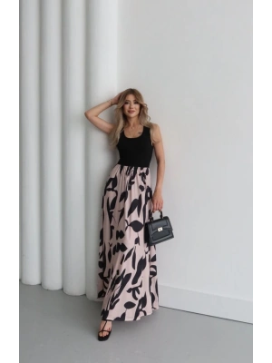 Kadın Askılı Yuvarlak Yaka üst Viskon Alt Desenli Uzun Süprem Elbise