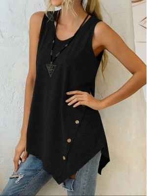 Kadın Askılı Yuvarlak Yakalı Asimetrik Kesim Detaylı Viskon Bluz