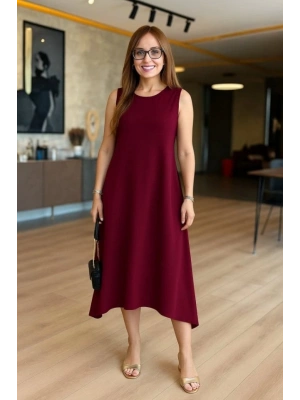 Kadın Askılı Yuvarlak Yakalı Asimetrik Kesim Detaylı Viskon Elbise