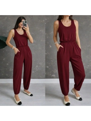 Kadın Askılı Yuvarlak Yakalı Cepli Viskon Tulum