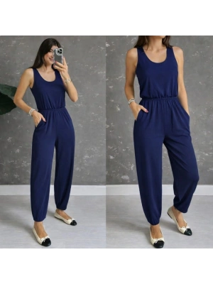 Kadın Askılı Yuvarlak Yakalı Cepli Viskon Tulum