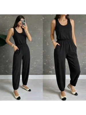 Kadın Askılı Yuvarlak Yakalı Cepli Viskon Tulum