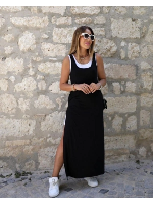 Kadın Askılı Yuvarlak Yakalı Cepli Yırtmaç Detaylı Viskon Elbise Ve Atlet Ikili Takım