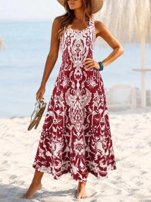 Kadın Askılı Yuvarlak Yakalı Desenli Uzun Süprem Elbise