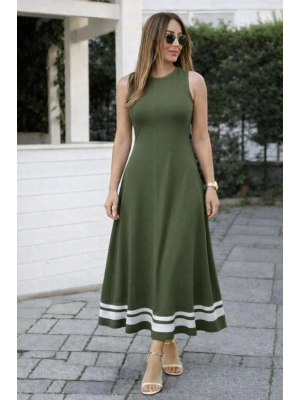 Kadın Askılı Yuvarlak Yakalı Etek Ucu şerit Detaylı Uzun Viskon Elbise