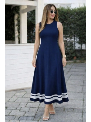 Kadın Askılı Yuvarlak Yakalı Etek Ucu şerit Detaylı Uzun Viskon Elbise