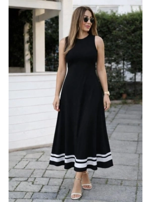 Kadın Askılı Yuvarlak Yakalı Etek Ucu şerit Detaylı Uzun Viskon Elbise