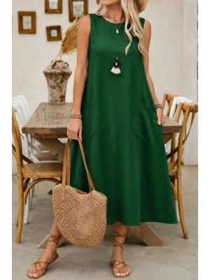 Kadın Askılı Yuvarlak Yakalı Kıloş Cepli Uzun Elbise