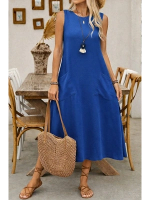 Kadın Askılı Yuvarlak Yakalı Kıloş Cepli Uzun Elbise