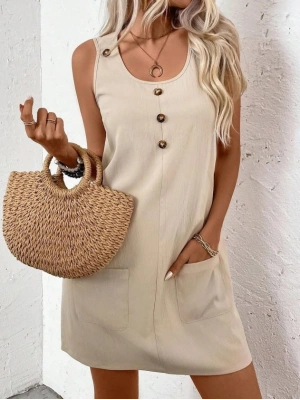 Kadın Askılı Yuvarlak Yakalı önden Düğmeli Cep Detaylı Kısa Elbise