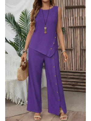 Kadın Askılı Yuvarlak Yakalı önü Asimetrik Detaylı Düğmeli Aerobin Bluz Ve Pantolon Ikili Takım