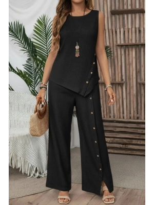 Kadın Askılı Yuvarlak Yakalı önü Asimetrik Detaylı Düğmeli Aerobin Bluz Ve Pantolon Ikili Takım