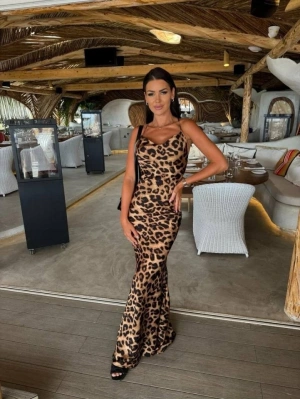 Kadın aten Kumaş Leopar Desenli Uzun Askılı Elbise