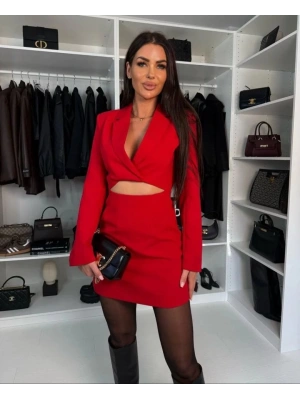 Kadın Atlas Kumaş Uzun Kollu V Yaka Blazer Kesim Göbek Dekolteli Mini Ceket Elbise