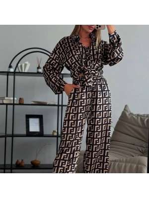 Kadın Bağcık Detaylı Dıjıtal Baskılı Dalgıç Kumaş 3;lü Takım