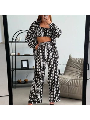 Kadın Bağcık Detaylı Dıjıtal Baskılı Dalgıç Kumaş 3;lü Takım