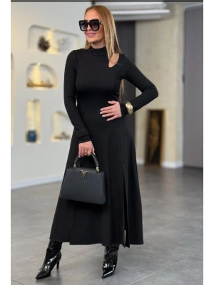 Kadın Balıkçı Yaka Damla Detaylı Yırtmaçlı Uzun Viskon Iki Iplik Maxi Elbise