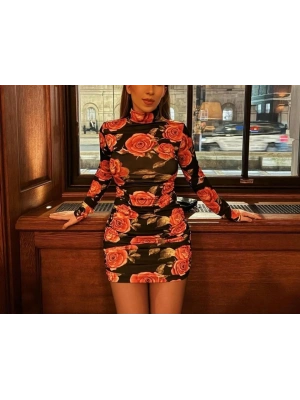 Kadın Balıkçı Yaka Gül Baskılı Fırsat ürün Mini Elbise