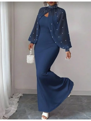 Kadın Balıkçı Yaka İnci Ve Tül Detay Dalgıç Kumaş Maxi Boy Elbise