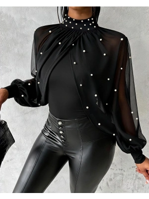 Kadın Balıkçı Yaka Incili Pelerin Ithal Krep Bluz