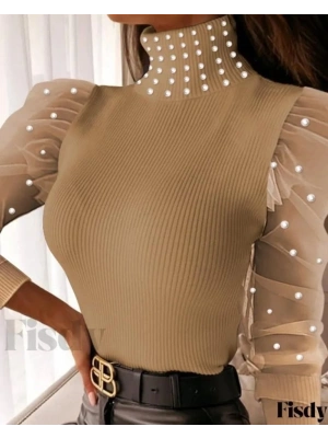 Kadın Balıkçı Yaka Kolları Tül Inci Detay Fırsat ürün Bluz