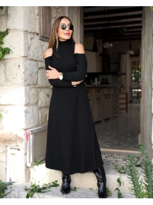 Kadın Balıkçı Yaka Omuzlardan Açık Uzun Kollu Janjan Krep Elbise