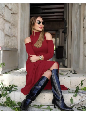 Kadın Balıkçı Yaka Omuzlardan Açık Uzun Kollu Janjan Krep Elbise