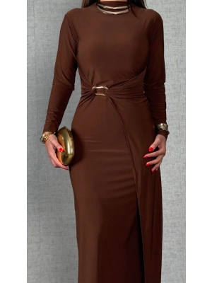 Kadın Balıkçı Yaka Toka Detay Sandy Kumaş idi Boy Elbise