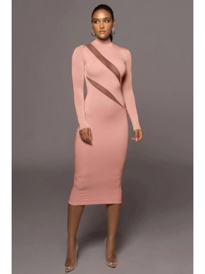 Kadın Balıkçı Yaka Uzun Kollu Asimetrik Tül Dekolteli Dırsat ürün Midi Boy Elbise