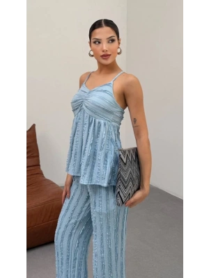 Kadın Bebe avisi Dokulu Askılı Üst Ve Bol Paça Pantolon 2’li Takım