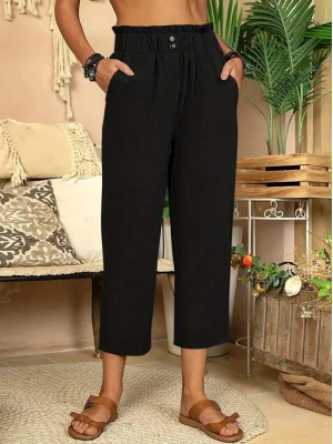 Kadın Bel Büzgü Ve Düğme Detay Kapri Keten Pantolon