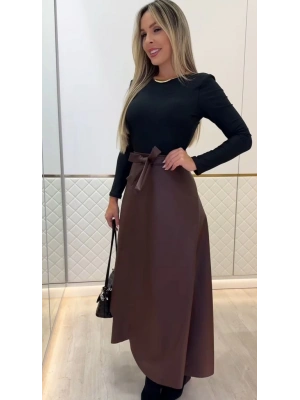 Kadın Belden Kuşaklı Uzun Deri Etek