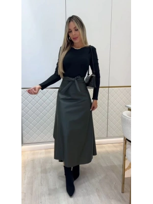 Kadın Belden Kuşaklı Uzun Deri Etek