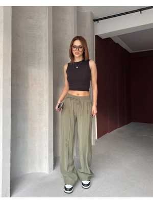 Kadın Beli astikli çımalı Tensel Kumaş Ispanyol Paça Pantolon