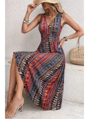 Kadın Beli Gipeli Etnik Desen Sıfır Kol Süprem Elbise