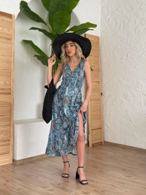 Kadın Beli Gipeli Etnik Desen Sıfır Kol Süprem Elbise