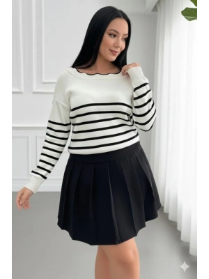 Kadın Beyaz Sırt Bağlama Detaylı çizgi Desen Triko Bluz