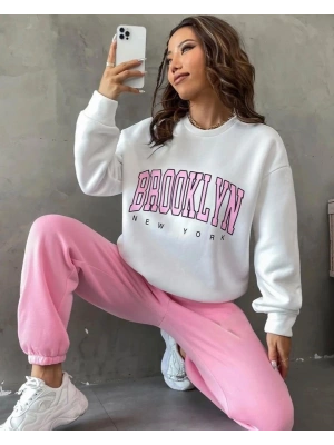 Kadın Bisiklet Yaka Brooklyn Baskılı üç Iplik Kumaş Sweat
